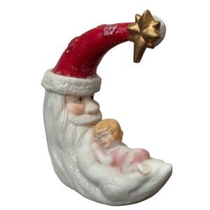 Vintage Santa Claus Baby Child Christmas Crescent Moon Celestial Bisque Figurine